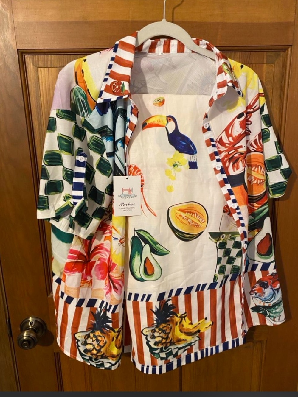 Tropical Print Women’s Button-Up Shirt and Pants- Multicolor Size XL